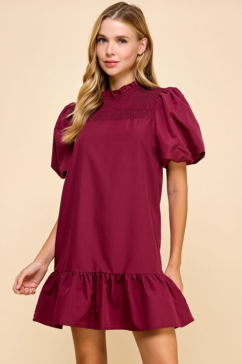 Burgundy Puff Sleeve Shift Dress