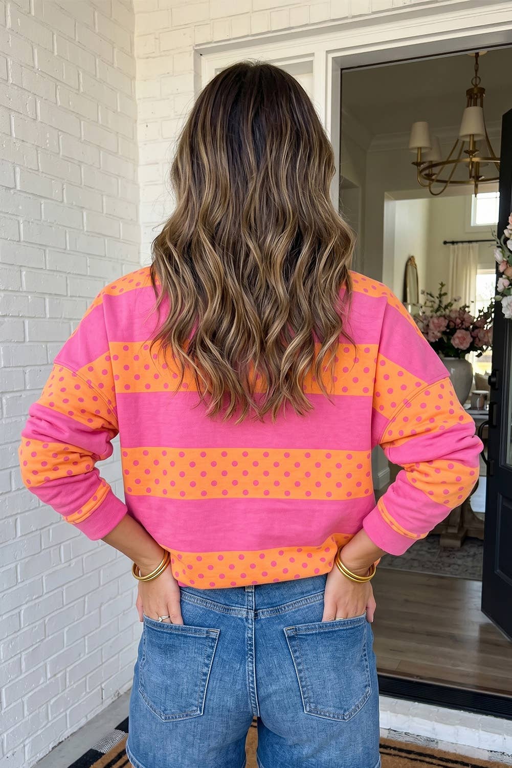 Polka Dot Striped Patchwork Zipper Collar Pullover