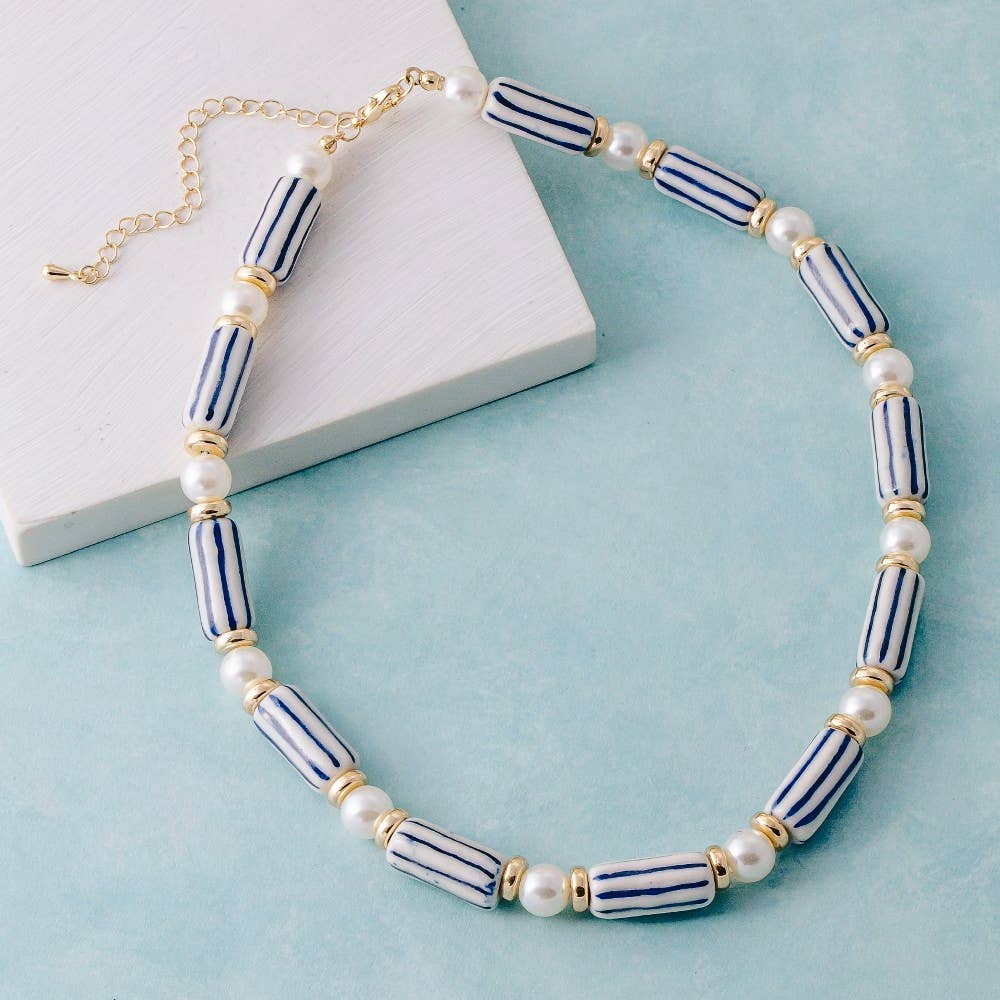 Pearl And Striped Ceramic Beads Necklace