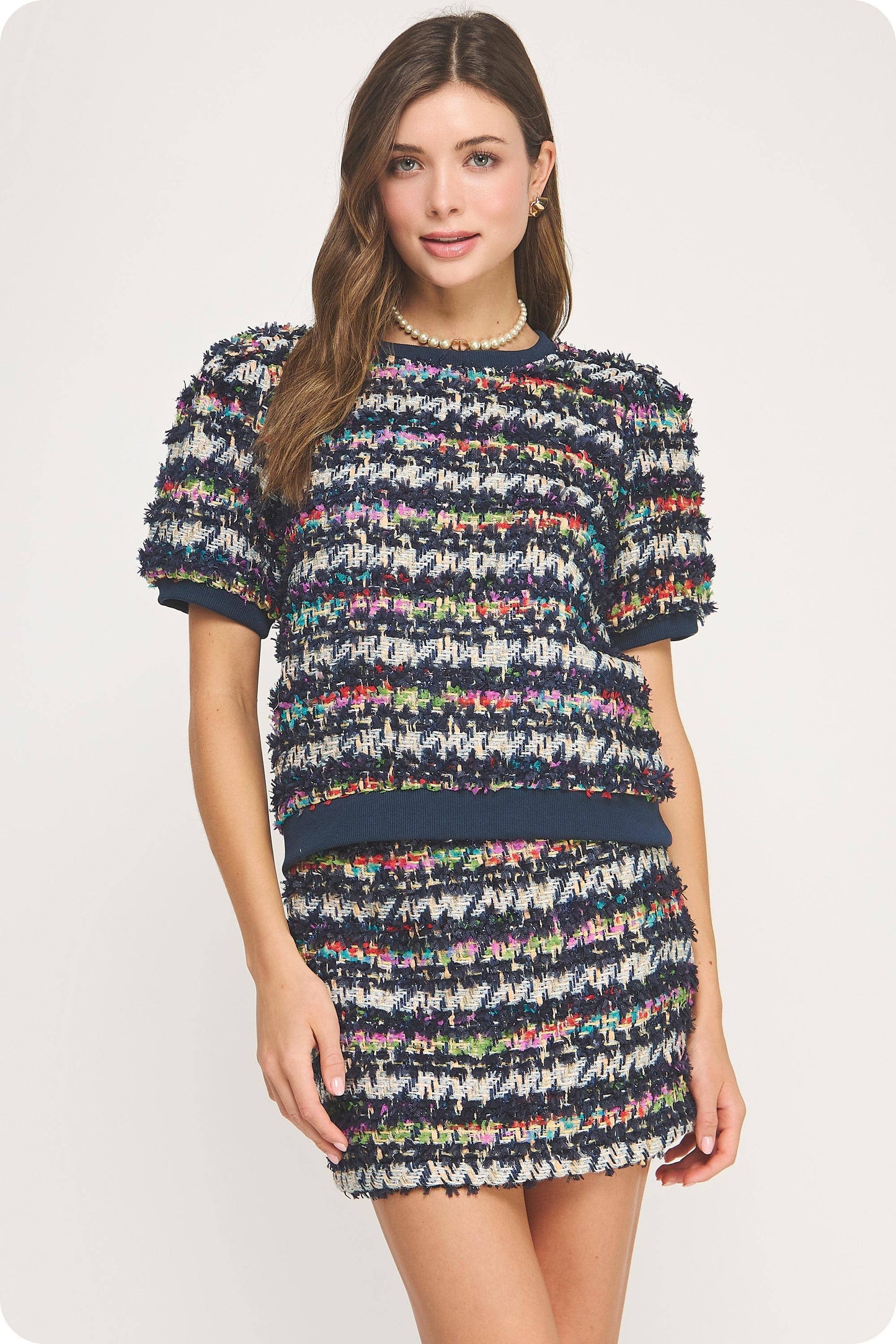 Lurex Navy Tweed Rib Contrast Sweater