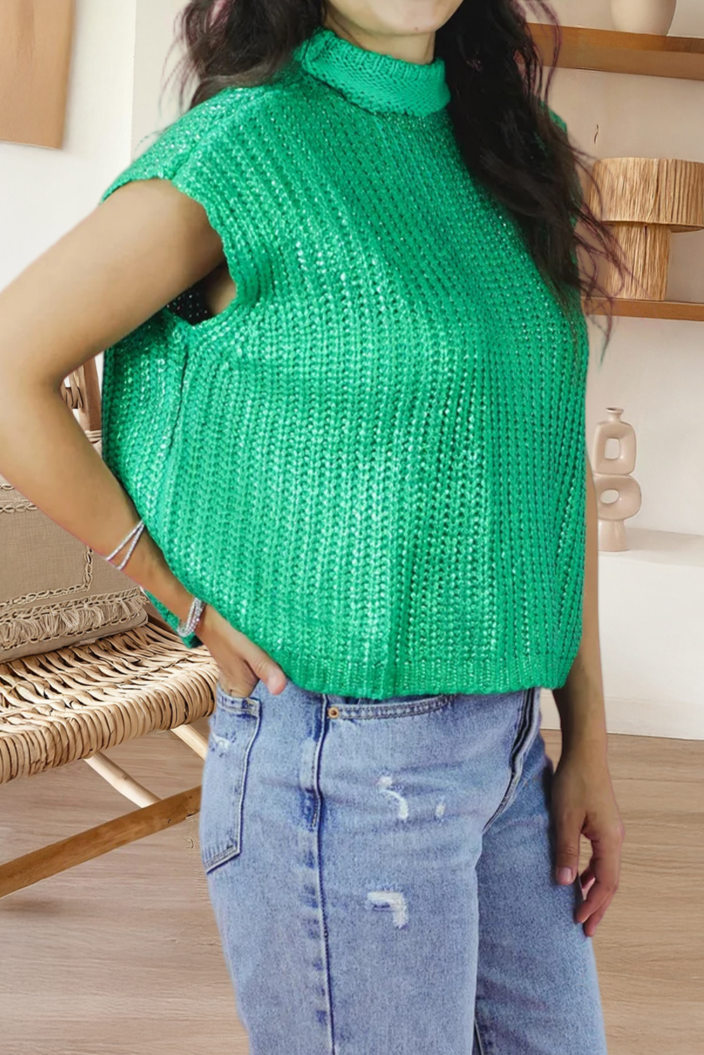 Metallic Knit High Neck Short Sleeve Sweater