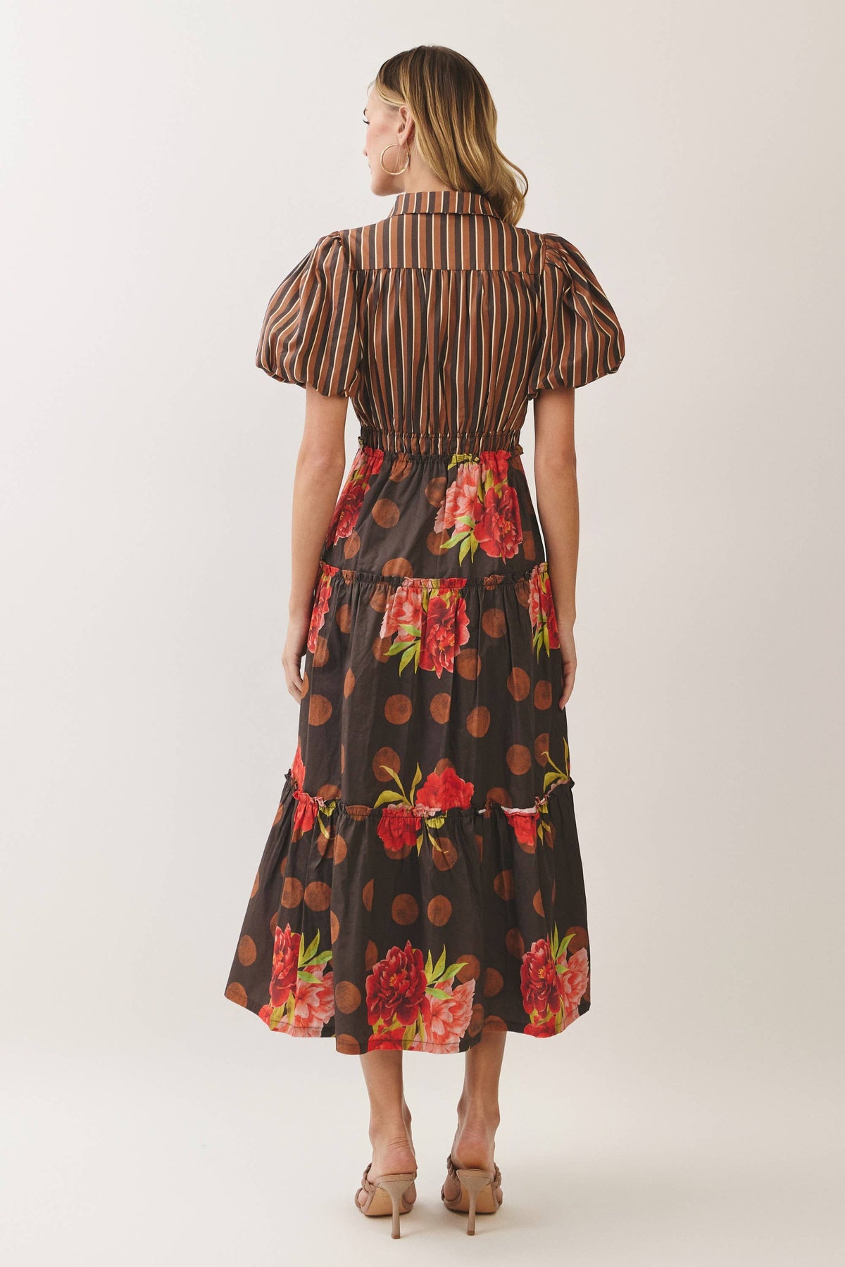 Chocolate Mixed Print Puff Sleeve Tiered Midi Dress