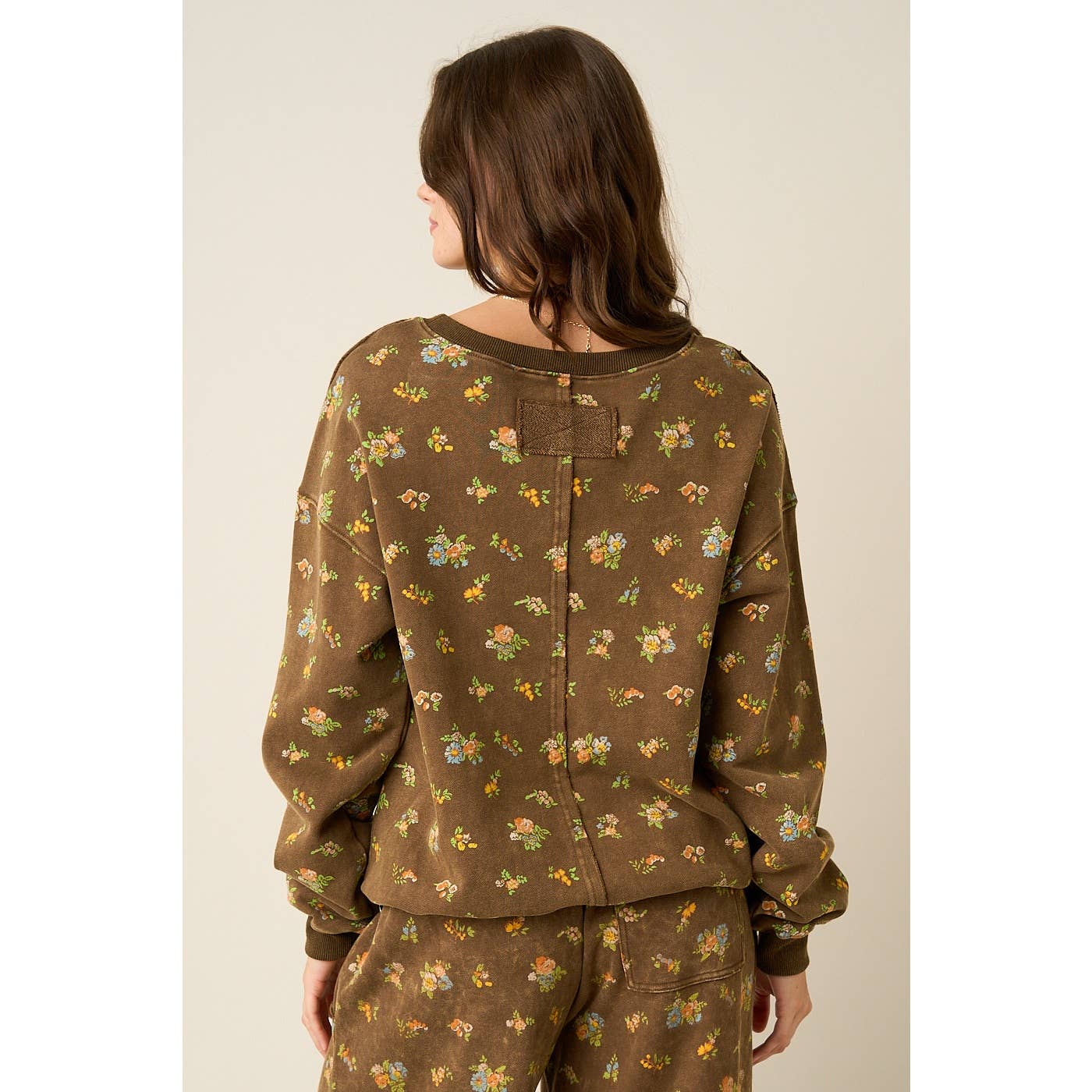 Brown Floral Print Washed Sweatshirt