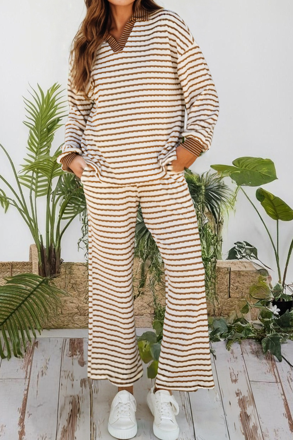 Stripe Plus Size Pullover Top and Drawstring Pant Set