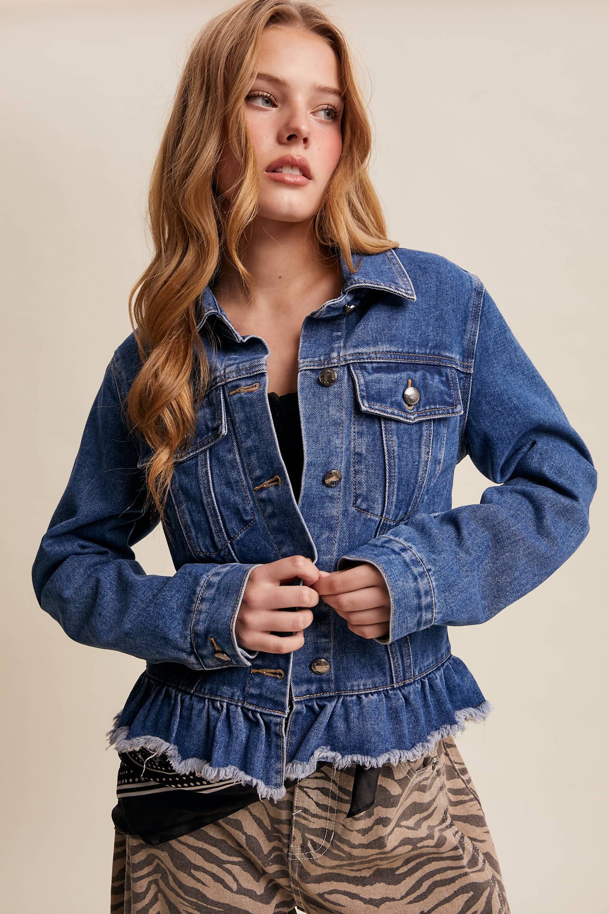 Ruffled Hem Denim Jacket