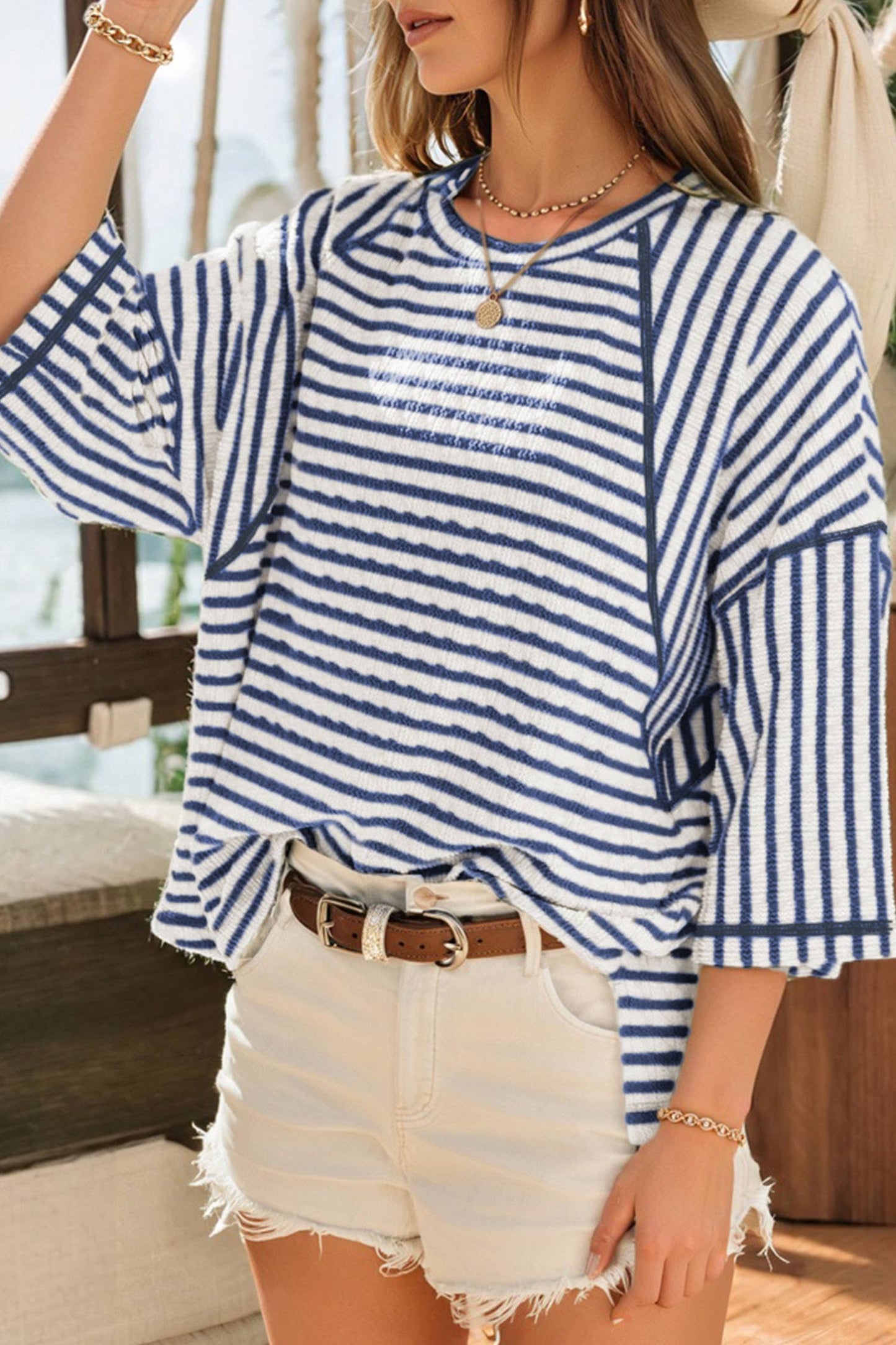 Texture Stripe Knit Half Sleeve Top