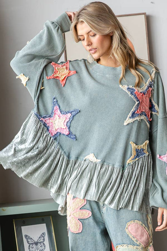 Star Patch Top with Velvet Trim