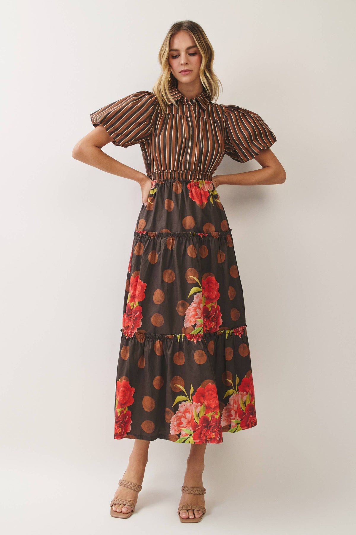 Chocolate Mixed Print Puff Sleeve Tiered Midi Dress