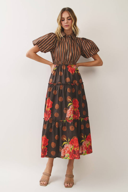 Chocolate Mixed Print Puff Sleeve Tiered Midi Dress