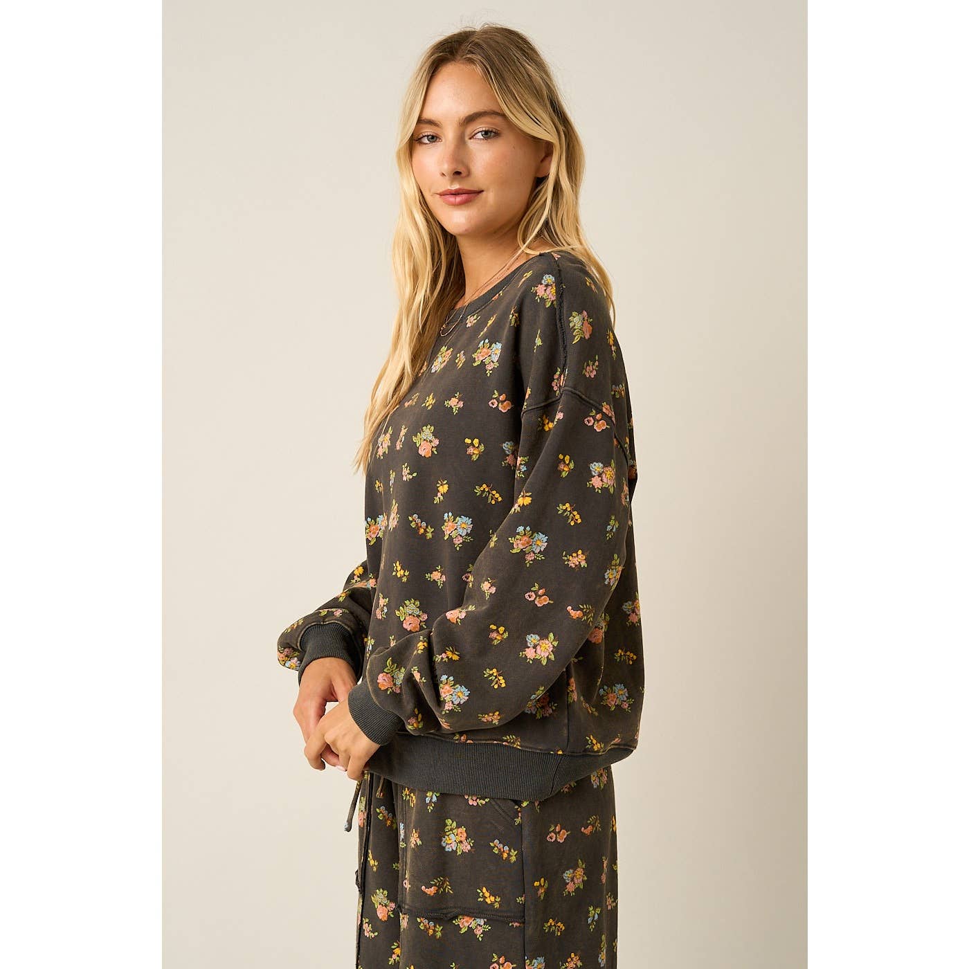 Brown Floral Print Washed Sweatshirt