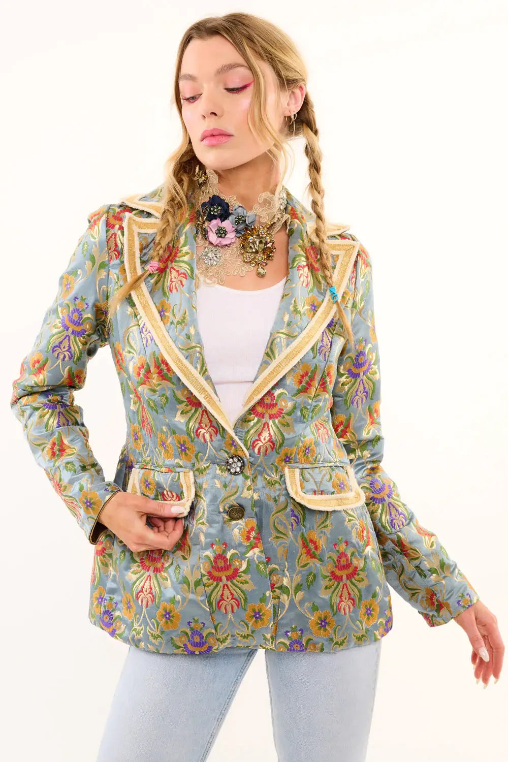 Renaissance Silk Jacquard Platinum Gold Blazer