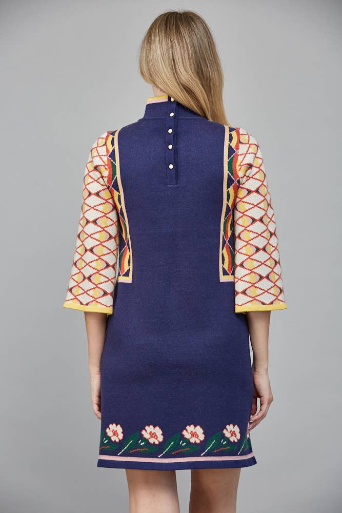 FLORAL MOTIF JACQUARD KNIT HIGH NECK SWEATER DRESS