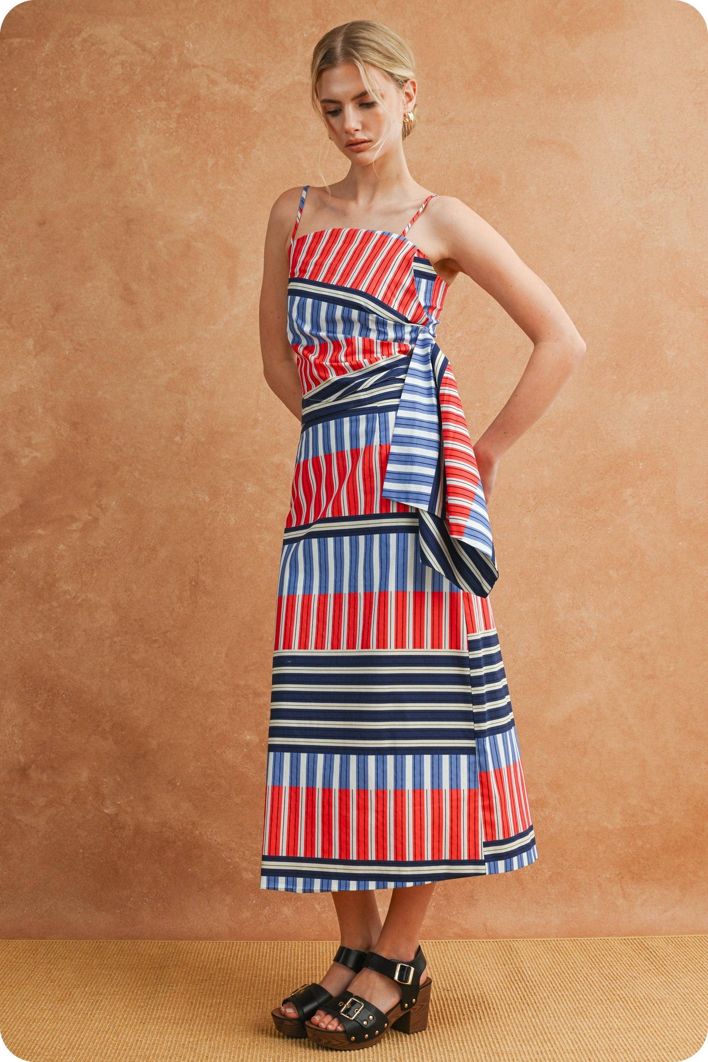 Color Block Mixed Stripe Draped Pencil Midi Skirt
