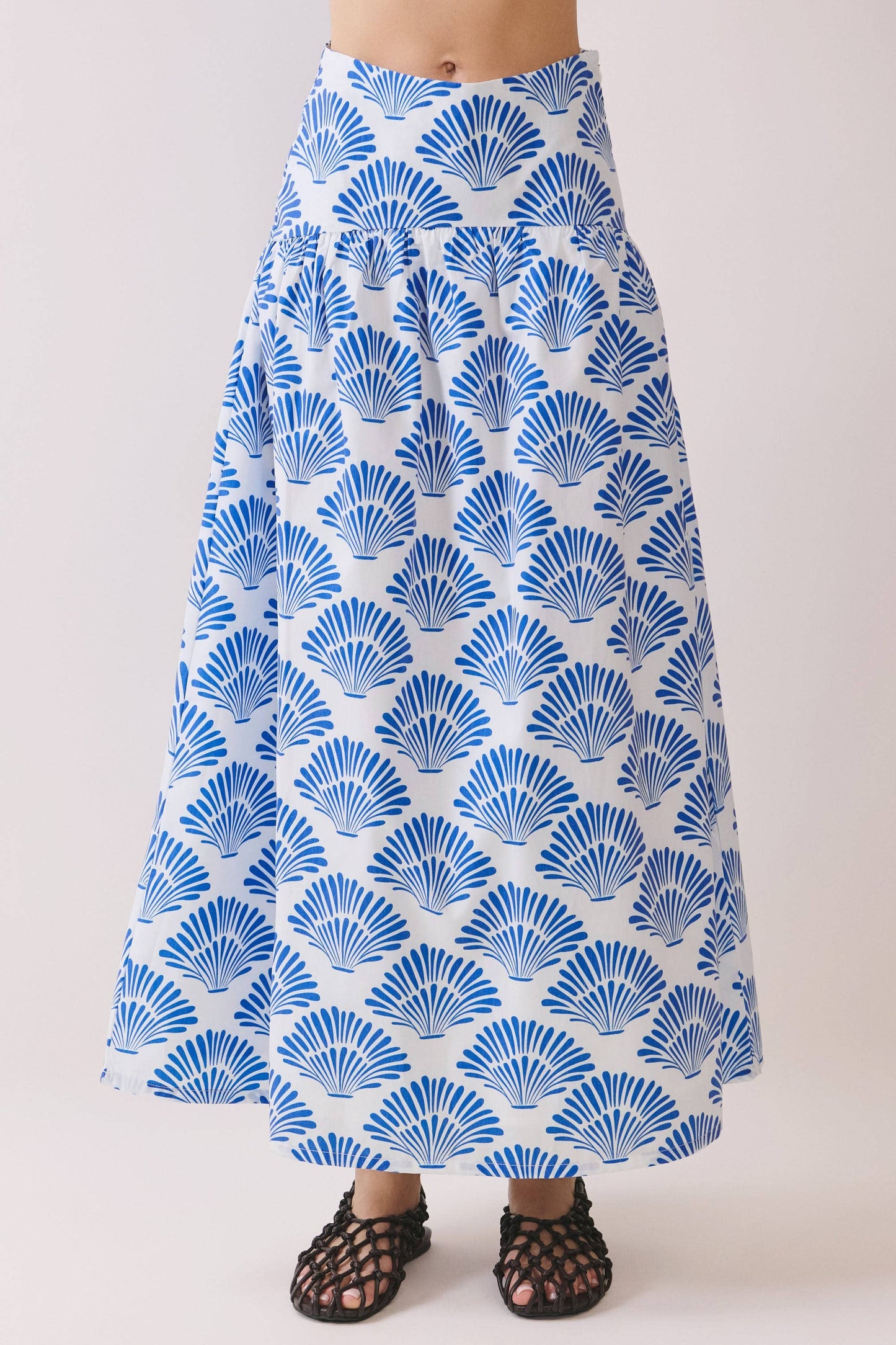 Shell Print Tiered High Waist Midi Skirt