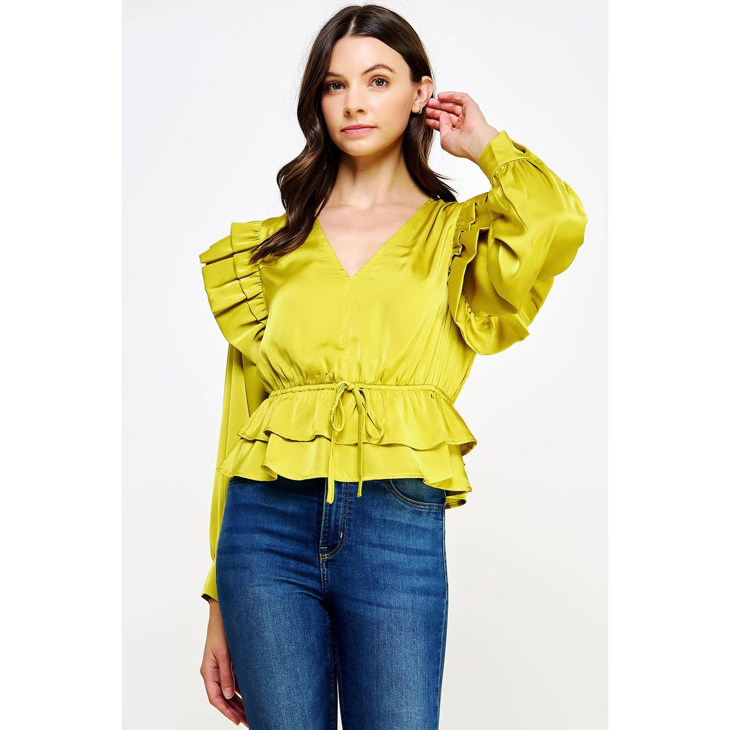 Chartreuse Satin Ruffle Shoulder Blouse
