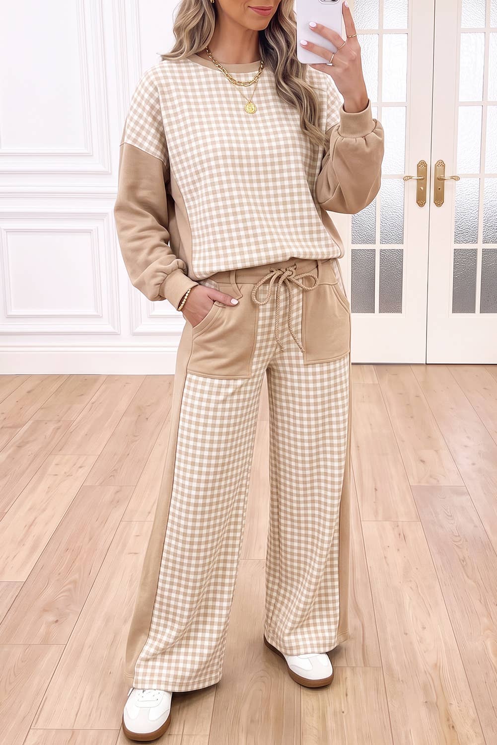 Plaid Patchwork Long Sleeve Pullover Wide Leg Pant Set