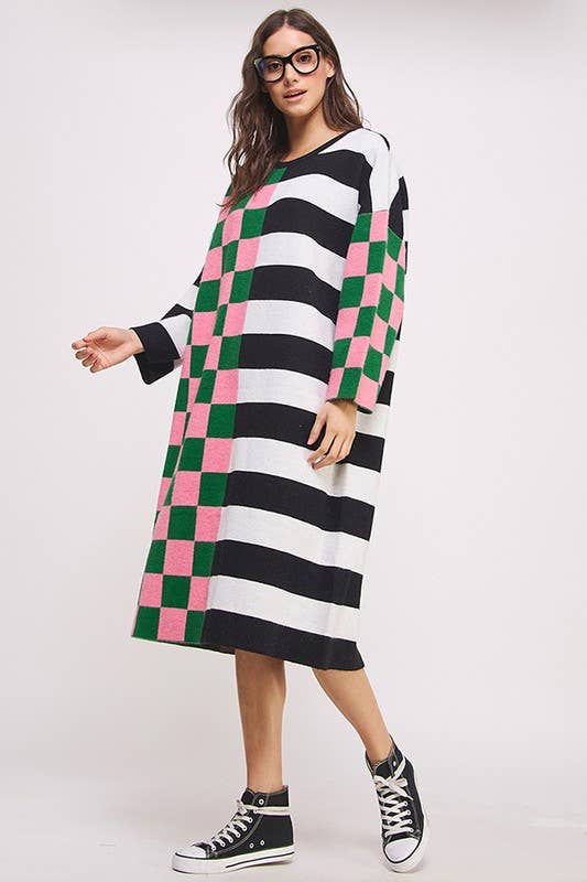 Checker & Stripe Oversized Sweater Dress