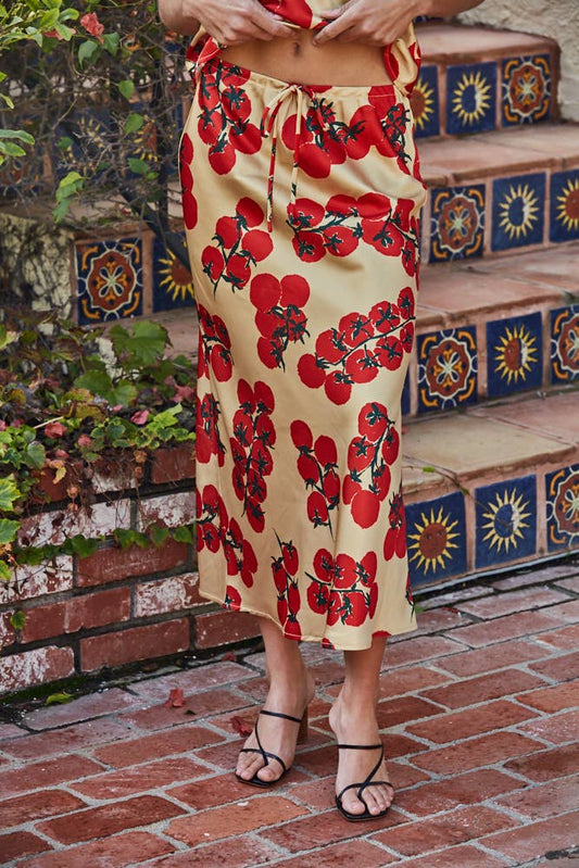 Woven Satin Tomato Print Skirt