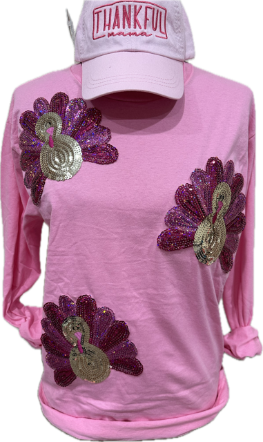 Sequin Turkey on Light Pink Long Sleeve