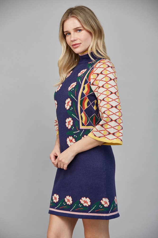 FLORAL MOTIF JACQUARD KNIT HIGH NECK SWEATER DRESS
