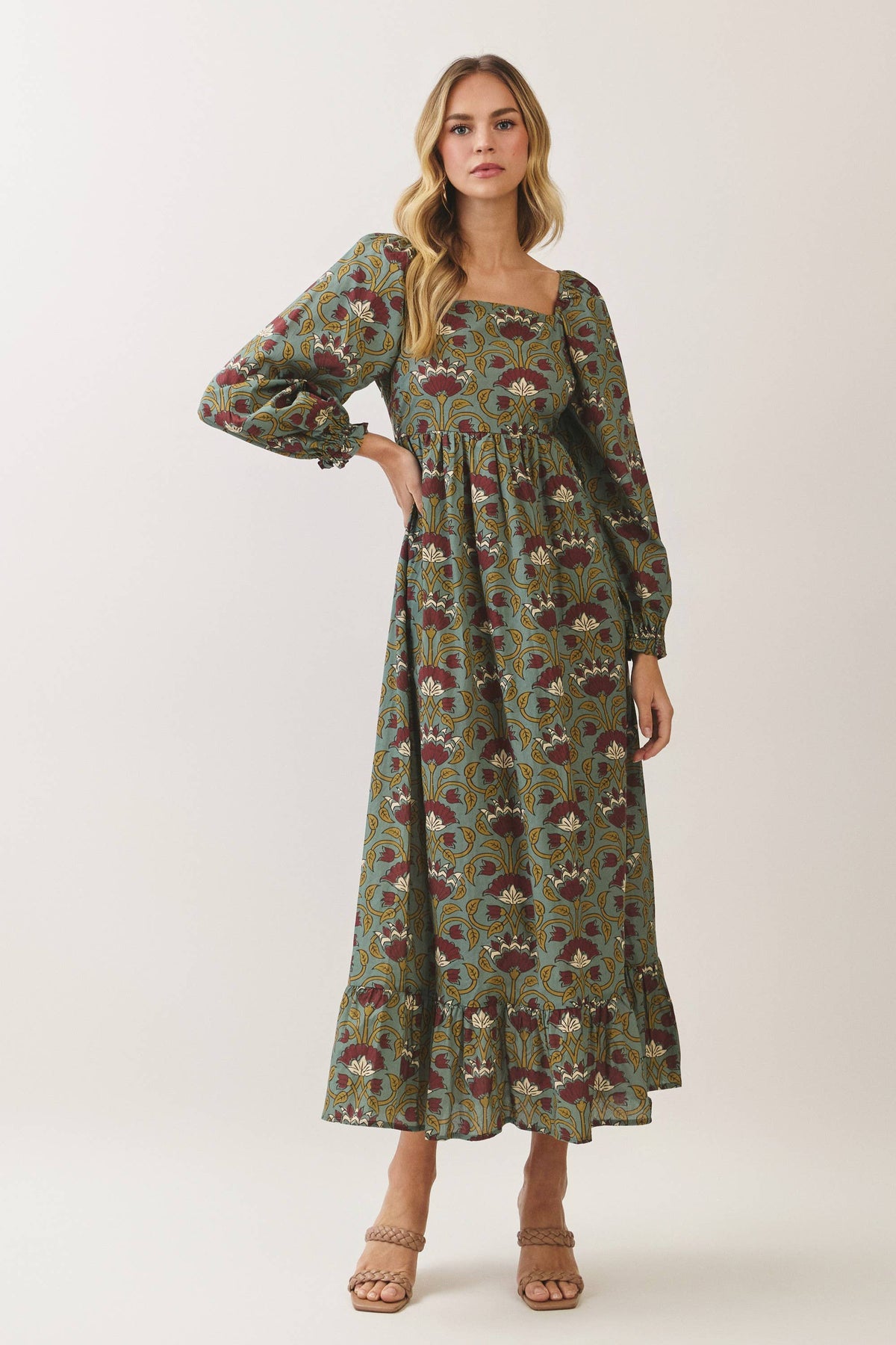 Floral Square Neck Burgundy Maxi Dress