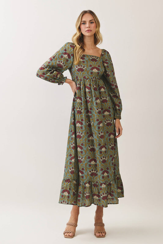 Floral Square Neck Burgundy Maxi Dress