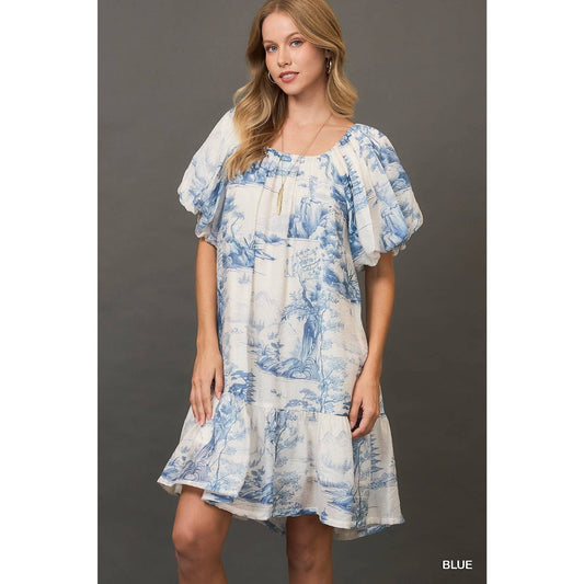 Toile Print Puff Sleeve Dress