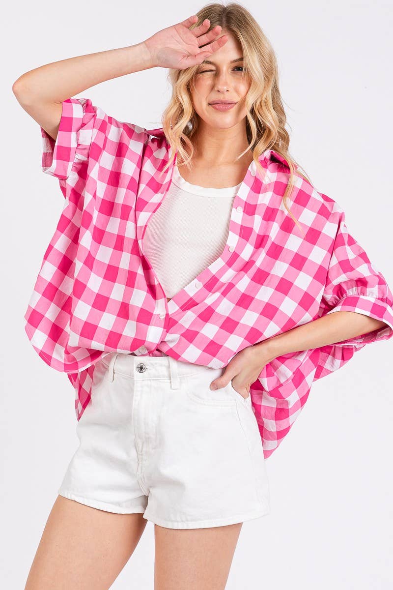 CHECKED BOXY BUTTON FRONT TOP