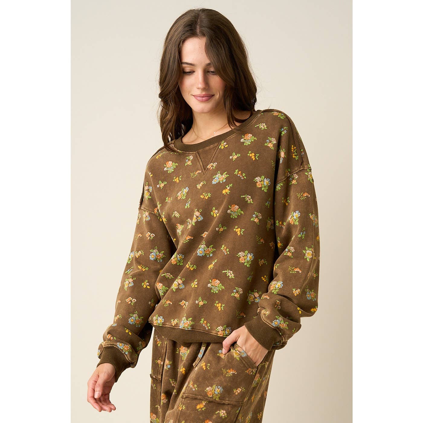 Brown Floral Print Washed Sweatshirt