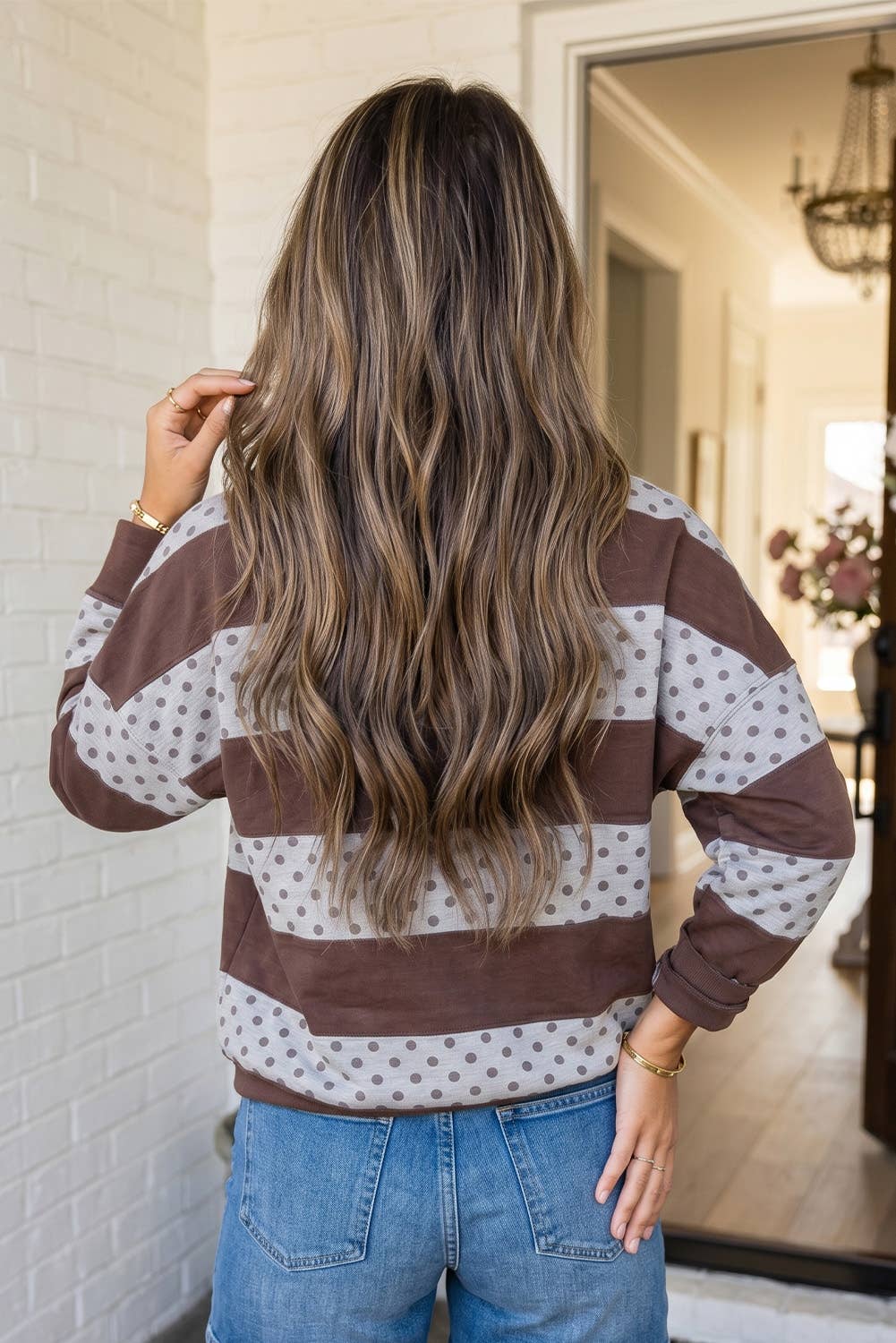 Polka Dot Striped Patchwork Zipper Collar Pullover