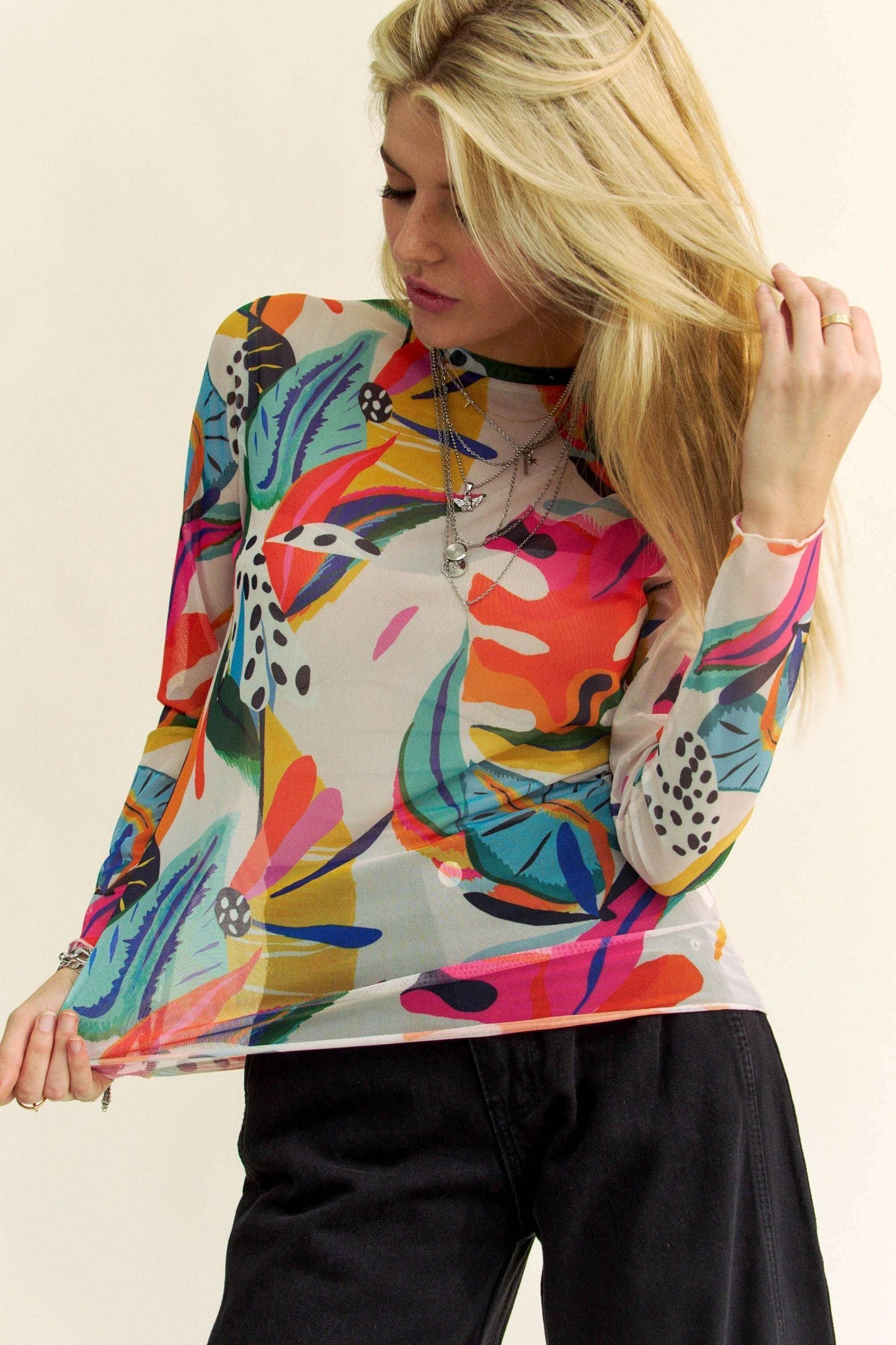 Tropical Floral Mesh Layering Top