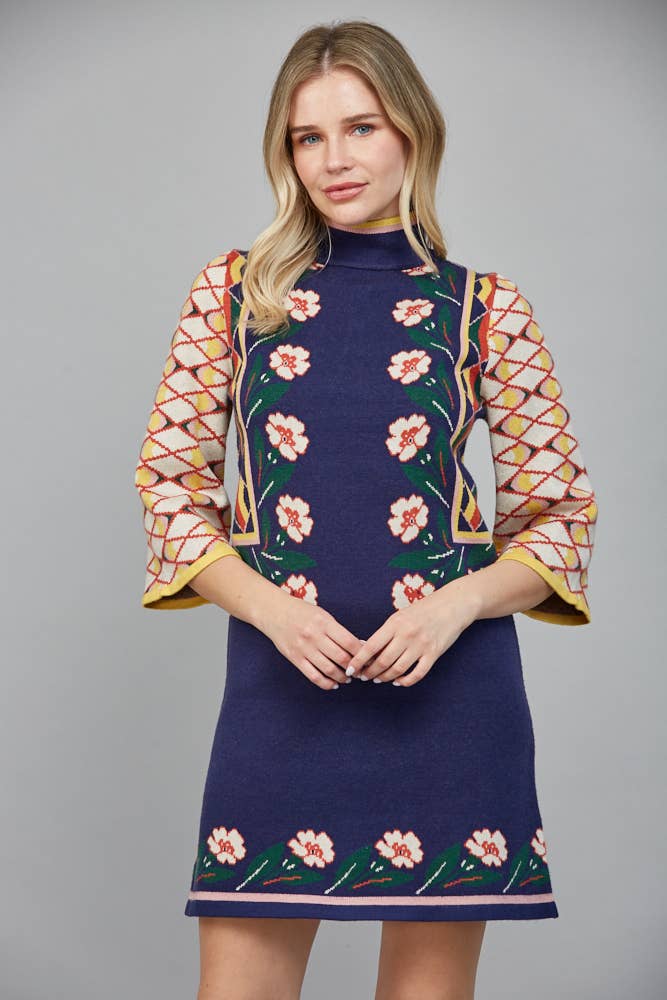 FLORAL MOTIF JACQUARD KNIT HIGH NECK SWEATER DRESS