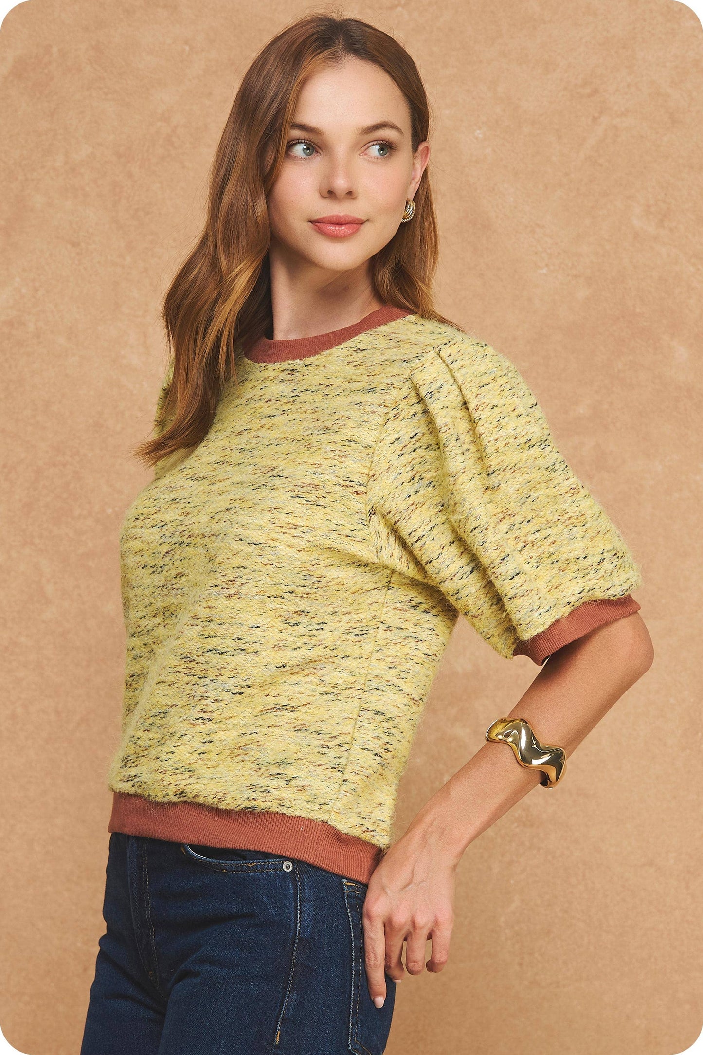Marled Ribbed Contrast Short Puff Sleeve Sweater
