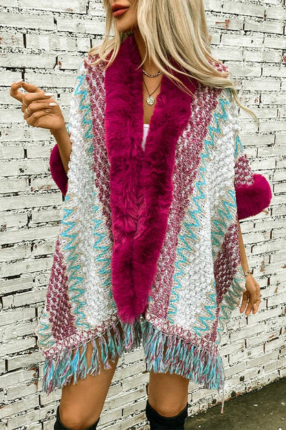 Striped Knit Fringe Cape Loose Ethnic Style Sweater