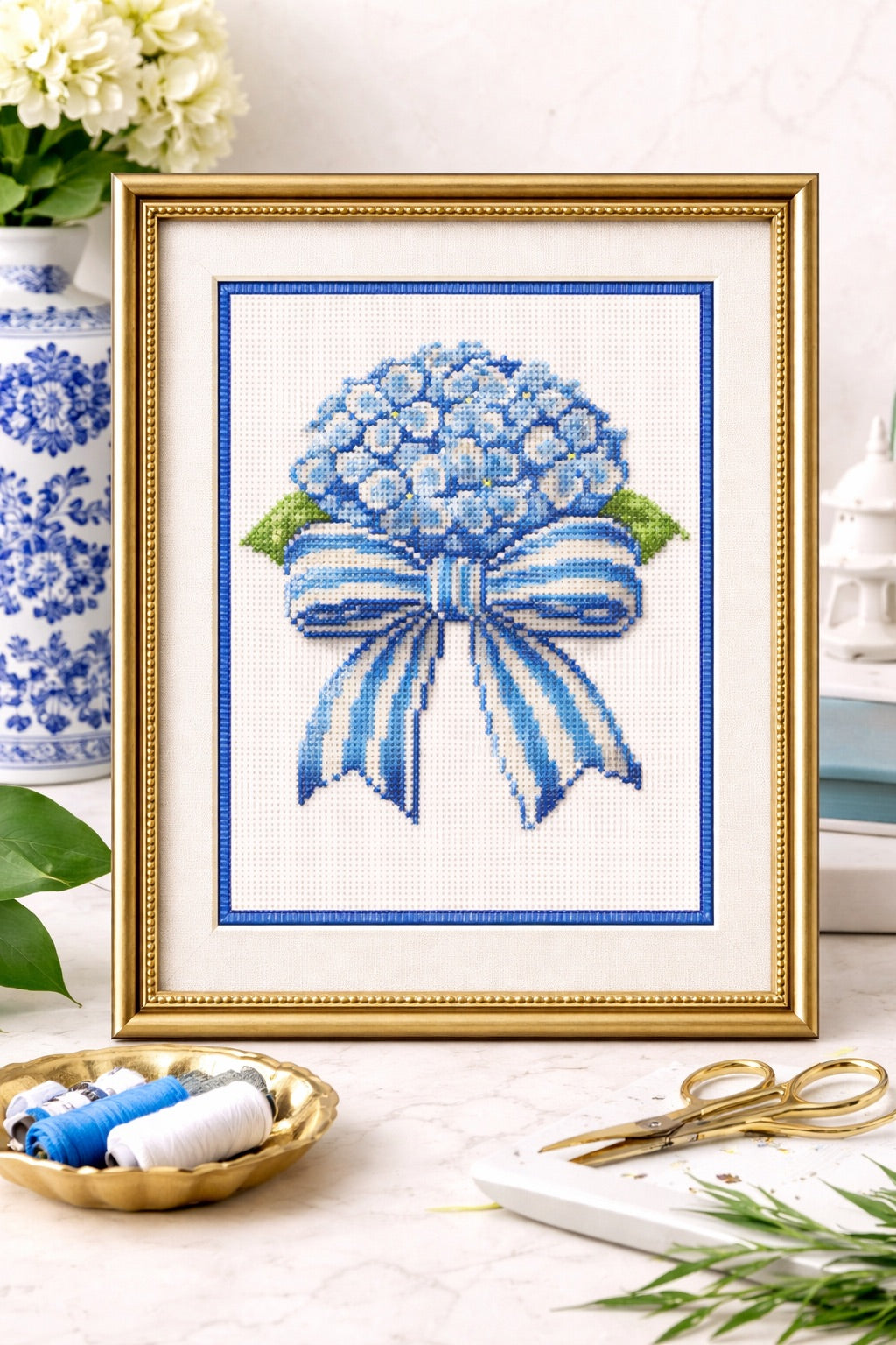 Grand Millennial Hydrangea with Bow Printed Needlepoint Canvas